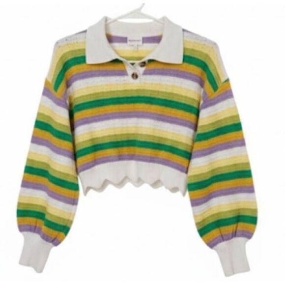 Find Me Now Womens Small sweater peterpan cropped yellow green stripe scallop - Picture 9 of 9